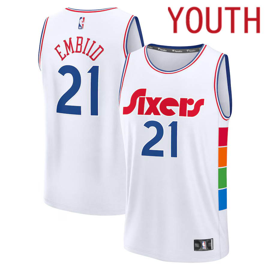 Youth Philadelphia 76ers #21 Joel Embiid Fanatics White City Edition 2024-25 Fast Break Player NBA Jersey